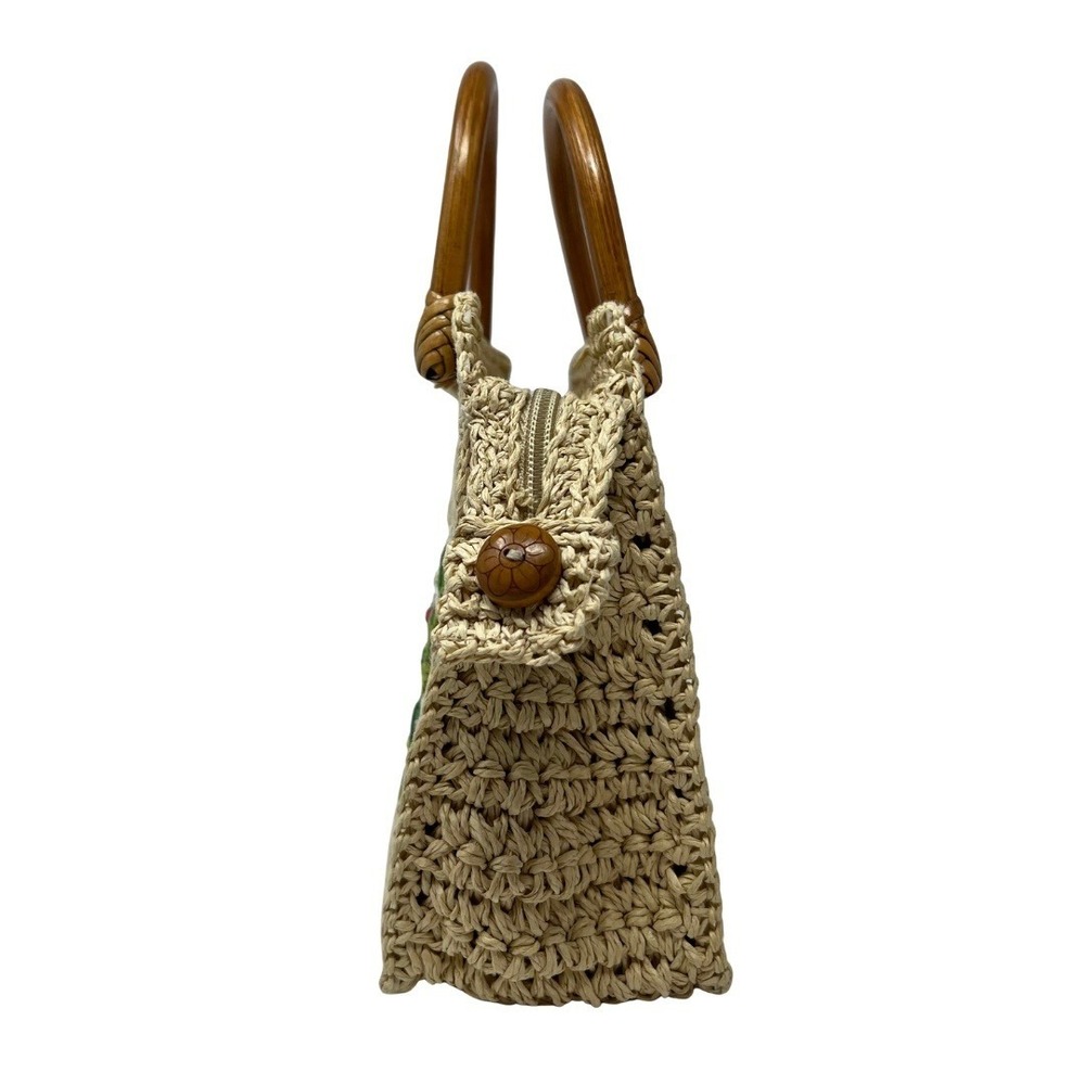 Fossil Straw Woven Top Handle Bag Floral Embroidered Wood Handle Handbag - Picture 9 of 14